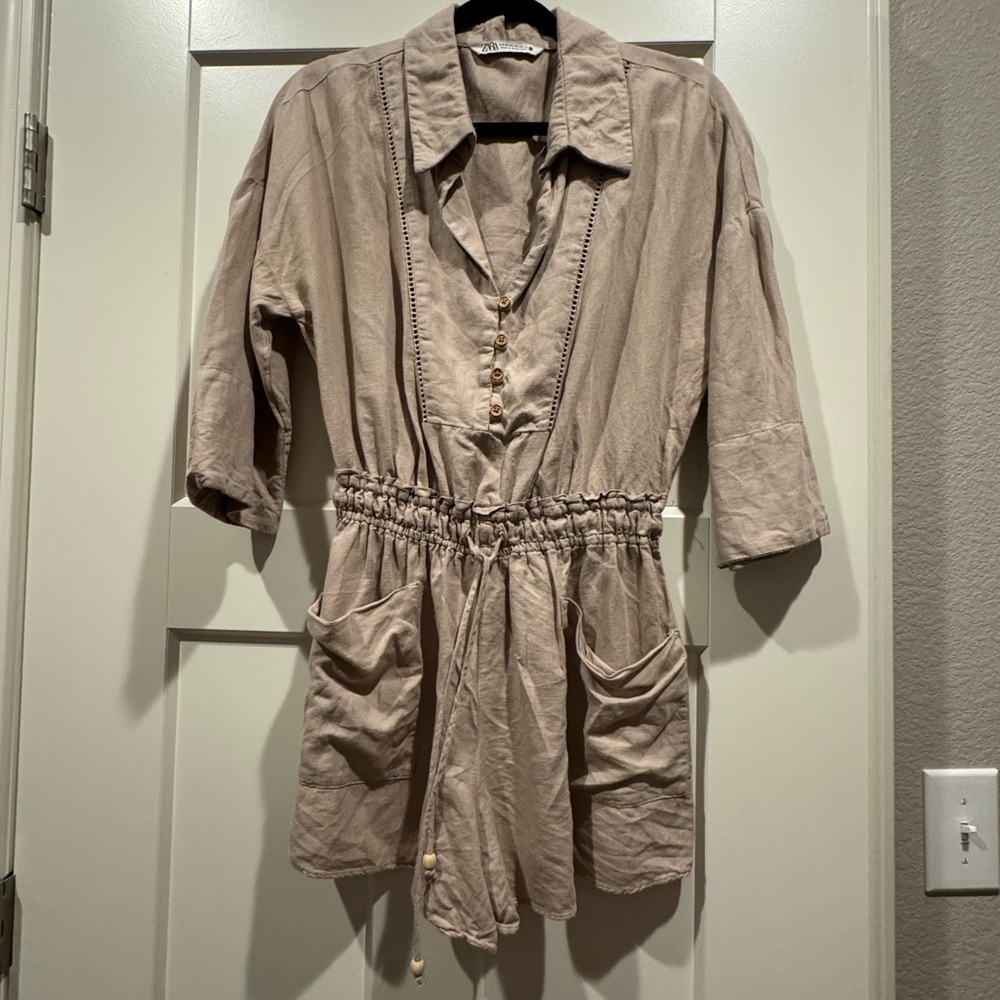 Zara Beige Button-Down Drawstring Romper